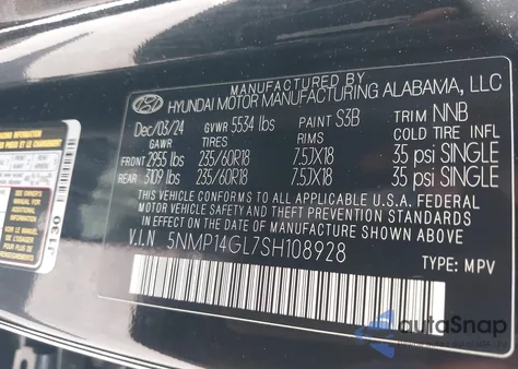 2025 Hyundai Santa Fe Se из США, поврежденный, VIN 5NMP14GL7SH108928